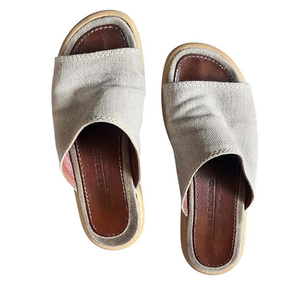 Max Mara Weekend Slide Sandals Open Toe Leather Linen Canvas Beige Coastal Prep